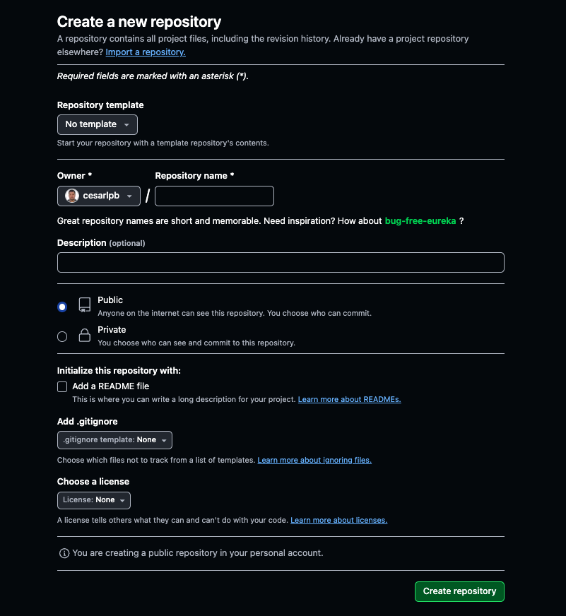 Formulario creación de repositorio